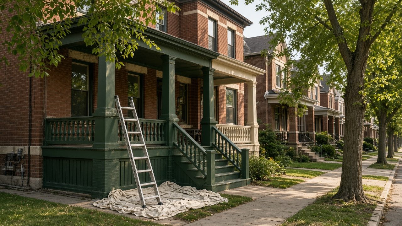 Illustration of a brick two-flat with freshly painted wood trim
